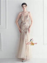 Mermaid Sequins Tulle Spaghetti Straps Beading Prom Dress