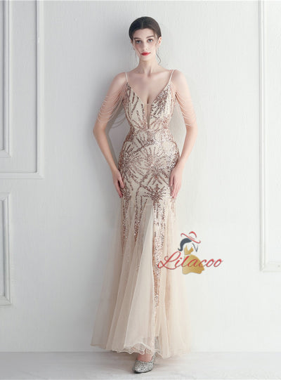 Mermaid Sequins Tulle Spaghetti Straps Beading Prom Dress