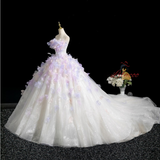 White Tulle Strapless Purple Appliques Dress