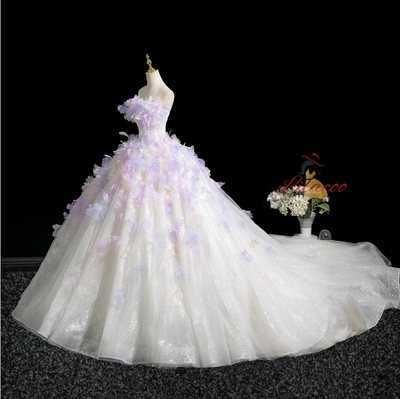White Tulle Strapless Purple Appliques Dress