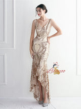 Hi Lo V-neck Sequins Beading Prom Dress