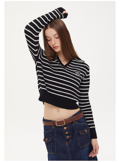 Pink Striped V-neck Lapel Top