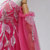Fuchsia Long Sleeve Sequins Appliques Prom Dress