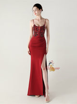 Mermaid Spaghetti Straps Appliques Split Prom Dress