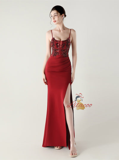 Mermaid Spaghetti Straps Appliques Split Prom Dress