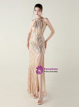 Halter Mermaid Sequins Backless Prom Dress