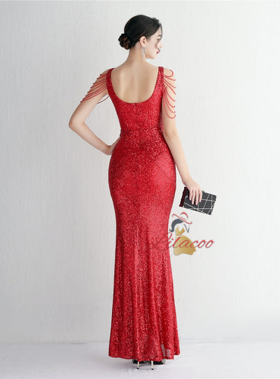 Mermaid Sequins V-neck Beading Prom Dress