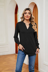 Solid Color V-neck Loose Long Sleeve T-shirt