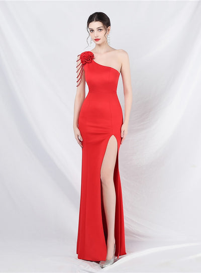 One Shoulder Mermaid Split Beading Prom Dress