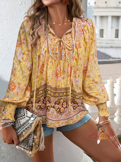 Printed Long-sleeved V-neck Shirt