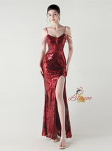 Mermaid Sequins Spaghetti Straps Split Beading Prom Dress