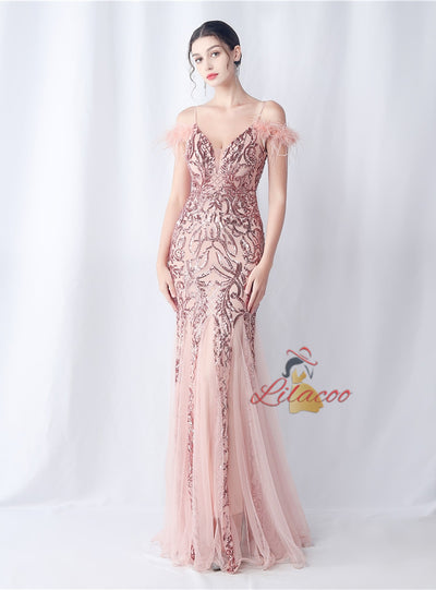 Sequins Tulle Spaghetti Straps Prom Dress