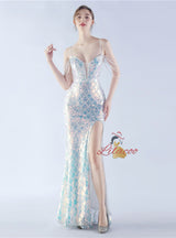 Spaghetti Straps Sequins Beading Split Prom Dress