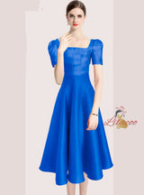 Solid Color Slim Waist Square Neck Dress