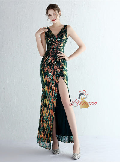 Mermaid V-neck Sequins Split Prom Dress