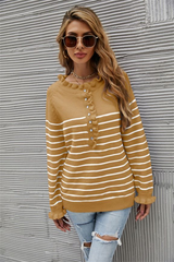Button Wood Ear Striped Stitching Sweater