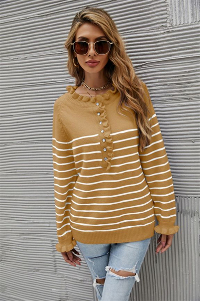 Button Wood Ear Striped Stitching Sweater