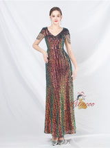 V-neck Sequins Cap Sleeve Beading Prom Dress