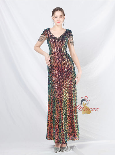 V-neck Sequins Cap Sleeve Beading Prom Dress