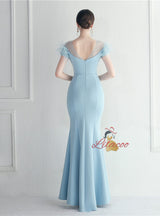 Blue Scoop Neck Split Feather Prom Dress