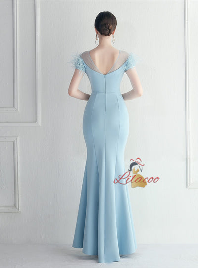 Blue Scoop Neck Split Feather Prom Dress