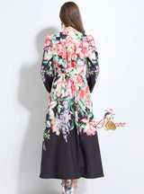 Retro Printed Breasted Puff Sleeve Dress