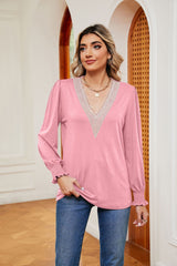 V-neck Lace Stitching Loose Long Sleeve T-shirt
