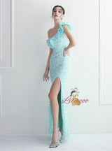 Mermaid Sequins One Shoulder Split Prom Dress