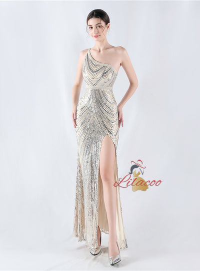 One Shoulder Sequins Beading Prom Dress