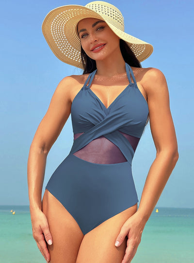 Solid Color Mesh One-piece Bikini