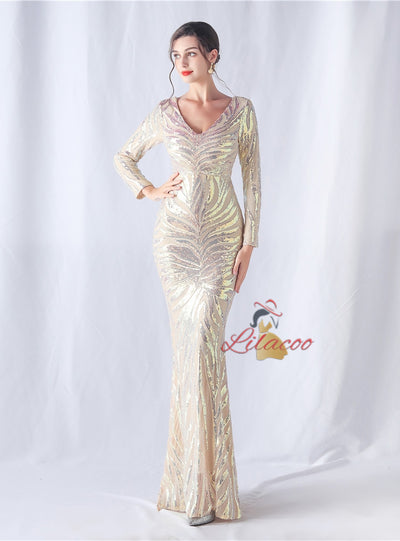 Mermaid V-neck Long Sleeve Sequins Prom Dress