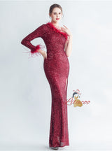 One Shoulder Long Sleeve Split Prom Dress