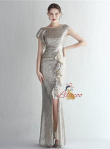 Mermaid Sequins Cap Sleeve Split Prom Dress