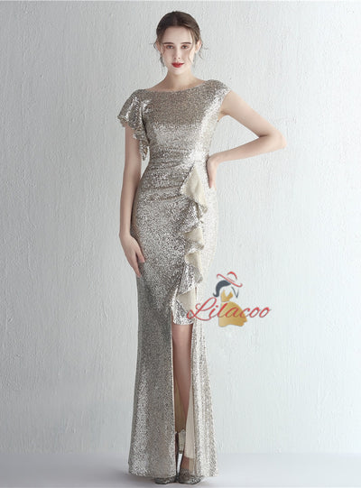 Mermaid Sequins Cap Sleeve Split Prom Dress