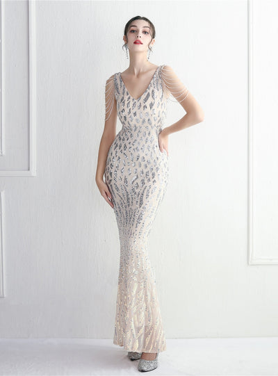 Sequins Mermaid V-neck Beading Prom Dress