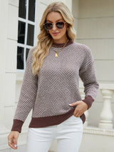 Striped Long-sleeved Round Neck Knitted Pullover Sweater