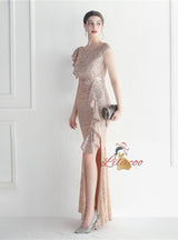 Sequins Cap Sleeve Beadin Split Prom Dress