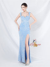 Sequins Split Straps Sleeveless Prom Dress