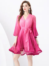 Holiday V-neck Trumpet Sleeve Pleated Gradient Dress