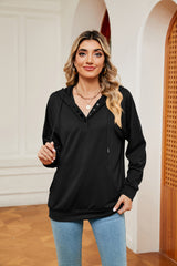 Button Drawstring Pocket Long Sleeve Top