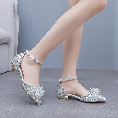 Flat-heeled Pointed Crystal Buckle Bridal Shoes
