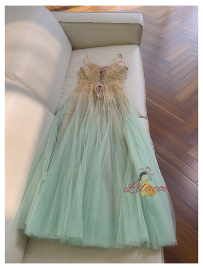 Green Tulle Lace Straps Prom Dress