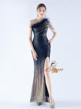 One Shoulder Sequins Split Prom Dress