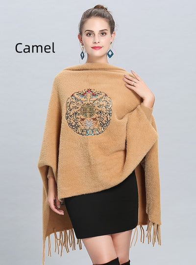 Embroidered Knitted Fringed Long Shawl