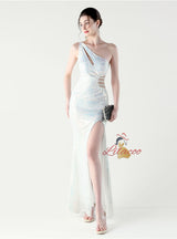 Mermaid Sequins One Shoulder Split Prom Dress