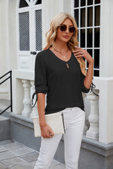 Button V-neck Solid Color Loose T-shirt