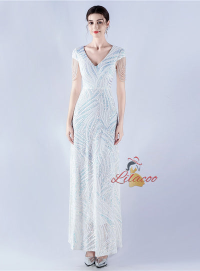 V-neck Sequins Cap Sleeve Beading Sequins Prom Dress