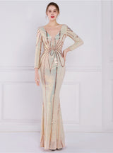 Long Sleeve V-neck Sequins Prom Dress