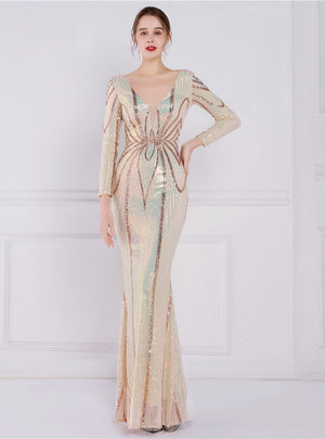 Long Sleeve V-neck Sequins Prom Dress