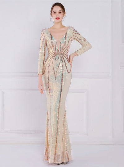 Long Sleeve V-neck Sequins Prom Dress